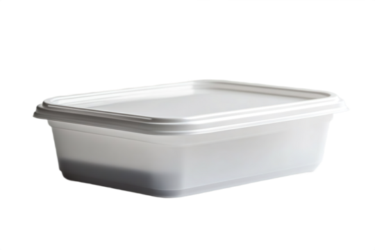 Angled front view of rectangular plastic meal box isolated on transparent background