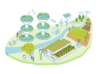 スマート農業　手描きアイソメトリックイラスト