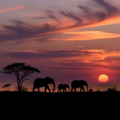 Obraz premium Serene African Sunset with Elephant Family Silhouettes and Acacia Tree in Savanna Landscape
