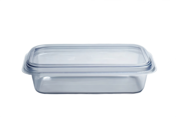 Front view of rectangular clear food box with lid isolated on transparent background