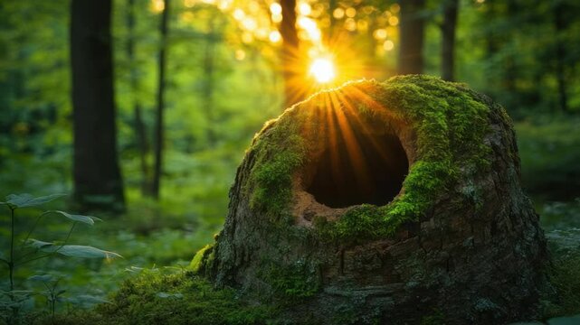 Sunlight streams through a mossy tree stump in a forest