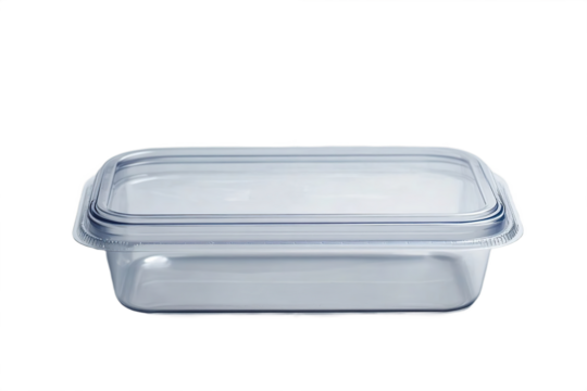 Front view of rectangular clear food box with lid isolated on transparent background