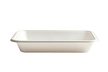 Side profile of white plastic takeout tray isolated on transparent background