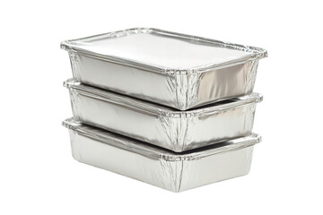 Side stack of three foil boxes with attached lids isolated on transparent background