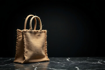 Shopping Bag. Brown cloth bag resting on a matte black surface, minimalist look, Back drop.AI-generated