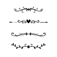 Decorative simple divider. Text dividers retro minimal line separators,  Vector isolated geometric wedding card heart separator elements set. Text dividers. . Hand drawn vector illustration. 

