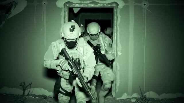 Tactical night raid: armed special forces navigating urban environment with night vision