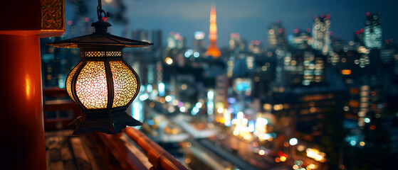traditional paper chinese lantern on the evening in big city background; concept of travel to china, mix of tradition and modern