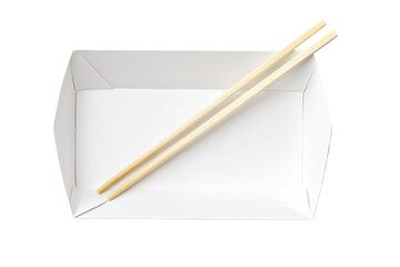 Top view of empty white paper wok box with chopsti isolated on transparent background