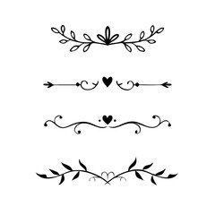Vector dividers calligraphic line element.Set of Black Hand Drawn Rustic Doodle Design Elements. Decorative Floral Swirls, Scrolls, Text Frames, Dividers. Vintage Vector Illustration. 
