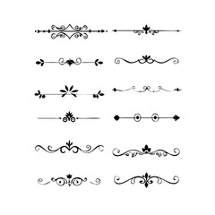 Obraz premium Vector dividers calligraphic line element.Set of Black Hand Drawn Rustic Doodle Design Elements. Decorative Floral Swirls, Scrolls, Text Frames, Dividers. Vintage Vector Illustration. 