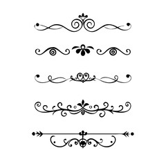Vector dividers calligraphic line element.Set of Black Hand Drawn Rustic Doodle Design Elements. Decorative Floral Swirls, Scrolls, Text Frames, Dividers. Vintage Vector Illustration. 
