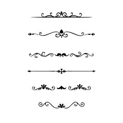 Vector dividers calligraphic line element.Set of Black Hand Drawn Rustic Doodle Design Elements. Decorative Floral Swirls, Scrolls, Text Frames, Dividers. Vintage Vector Illustration. 
