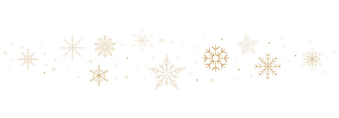 Gold snowflake wave border. Snow golden holiday winter background. Falling snow, garland, star ornament. Flake design element, decoration.