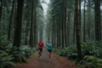 Fototapeta premium blurry photo of people jogging in the middle of the forest while enjoying the fresh air in the forest, there are many dense trees on the right and left