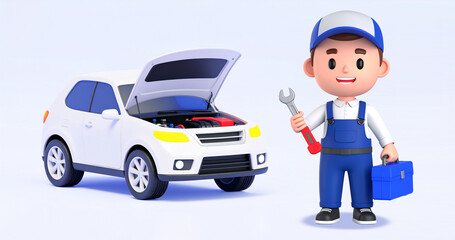 車の修理や点検、整備のプロフェッショナル！メカニックが笑顔でトラブル解決、自動車メンテナンスの安心を表現するイラスト素材。修理工場、自動車整備士、車の故障、安心、安全、信頼、技術をイメージさせる高品質なデザインで、ウェブサイト、ブログ、広告に最適。車の点検、出張修理、ロードサービス、自動車保険、中古車販売など幅広い用途で使えるプロフェッショナルなイメージのビジュアルコンテンツ。