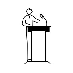 Handdrawn line art of a person speaking at a podium with a microphone speaker speech