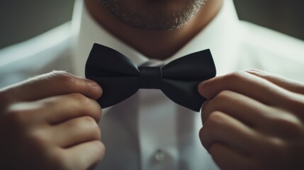 Close up of a man hands tying a classic bow tie