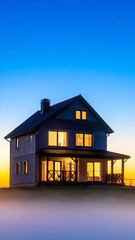 Lonely house glowing on a hill at dusk with fog rising