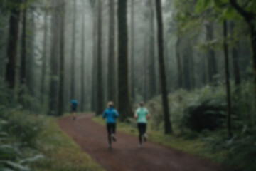 Obraz premium blurry photo of people jogging in the middle of the forest while enjoying the fresh air in the forest, there are many dense trees on the right and left