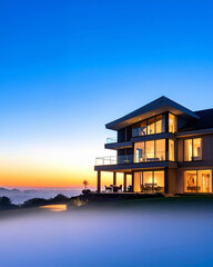 Modern luxury home overlooking valley at sunset with lights illuminating interior