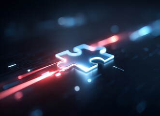 A dark surface featuring circuit patterns is dominated by a glowing, abstract technological structure made up of interconnected puzzle pieces, illuminated by bright red and blue light streaks,