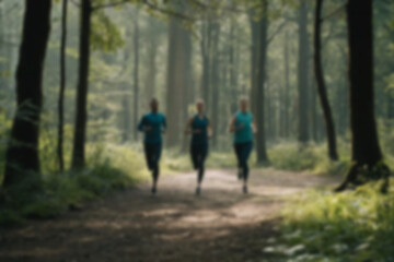 Fototapeta premium blurry photo of people jogging in the middle of the forest while enjoying the fresh air in the forest, there are many dense trees on the right and left