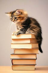 Curious cat tests balance on top of wobbly stack of books during a cozy indoor afternoon