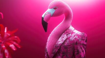 Pink flamingo in a patterned suit