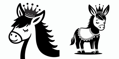 A Donkey Wear Princess Crown. Cartoon Animal Clipart Silhouette Vector Illustration Line Art Illustration. burro don regal coronet comical with headgear.
