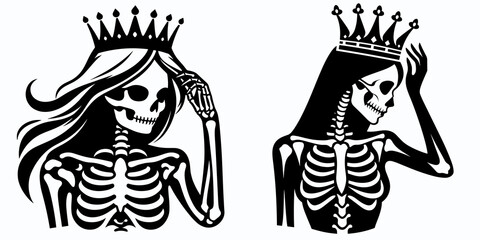 A female skeleton Wear Princess Crown. Cartoon Animal Clipart Silhouette Vector Illustration Line Art Illustration. girl bone figure adorn royal headpiece pretty tiara accessory.