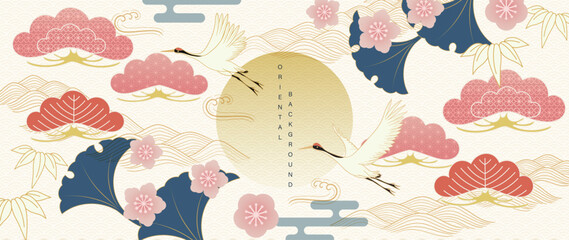 Obraz na płótnie Canvas Luxury oriental pattern background vector. Chinese and Japanese oriental line art with crane bird, cherry blossom, cloud, ginkgo leaf. Elegant illustration design for wallpaper, interior, packaging.