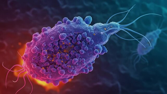 Microscopic View of Immune Cell Engaging With Harmful Bacteria in Vibrant Colors