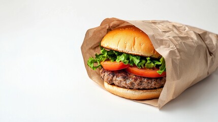 Vegan plant-based burger wrapped in unbleached recyclable paper, symbolizing a healthy, sustainable, and eco-conscious fast-food option
