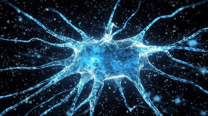 Abstract representation of a blue neuron cell within the brain.