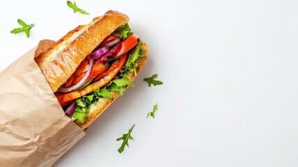 Fresh baguette sandwich with crisp vegetable and meat inside an eco-friendly brown paper wrap, symbolizing healthy eating, convenience, and sustainable food packaging