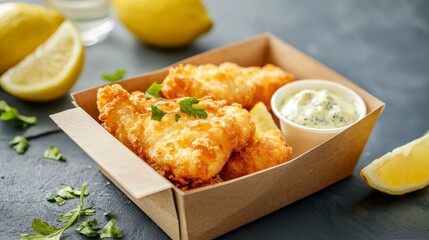 Freshly fried fish fillet in a biodegradable takeaway box with lemon wedges and tartar sauce, symbolizing a classic and sustainable fast-food or seafood meal