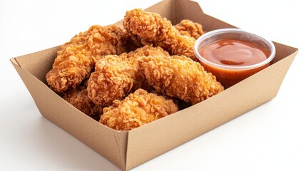 Freshly fried chicken tenders in an eco-friendly cardboard box with dipping sauce, symbolizing fast food, convenience, and a delicious ready-to-eat snack