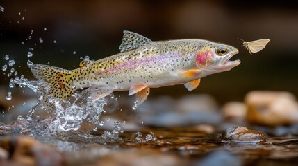 Rainbow trout leaps, splashing water, catches fly