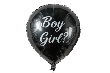 Black helium balloon with text "Boy or girl?" isolated on white background
Gender party.