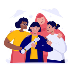 Group of women support their disabled friend flat vector illustration