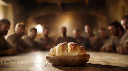 A close-up view of bread, symbolizing communion, at the Last Supper. 