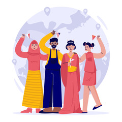 Friends between countries or different ethnicities flat vector illustration