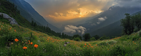 Sun Breaking Through Clouds Over Green Mountain Valley banner