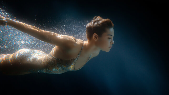 Elegant diving woman entering a swimming pool at night - Powered by Adobe