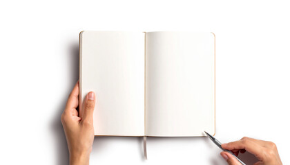 Hands holding open notebook and pen on transparent background