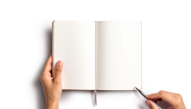 Hands holding open notebook and pen on transparent background