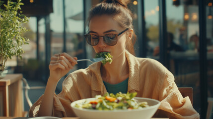 Young woman enjoying a fresh salad outdoors in a cozy setting.