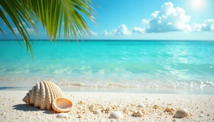 Obraz premium Sun-drenched beach, vibrant turquoise water, seashells scattered on sand, sandcastle, summer, white