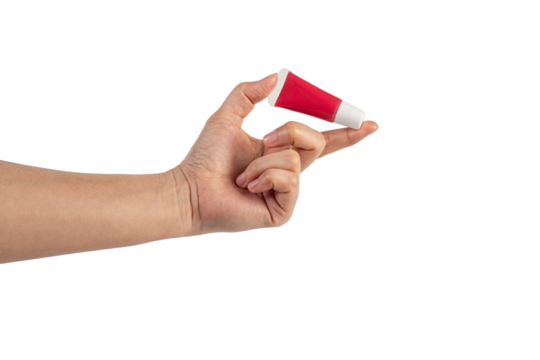 Red lipstick, small tube, and empty space and hand on transparent background. - Powered by Adobe